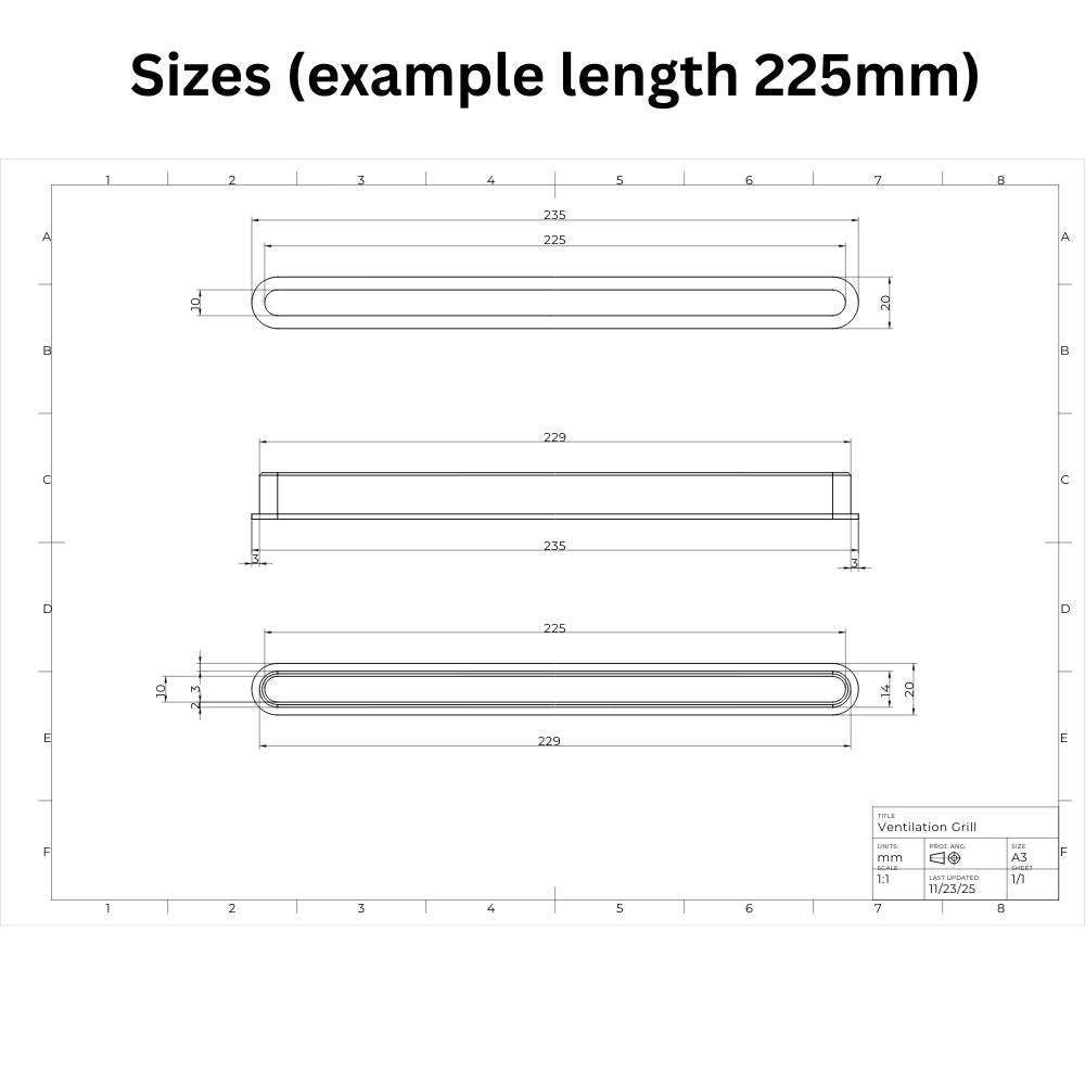 Slimline Ventilation Grille Cover for 18mm Panels - Various Lengths Available | Set of 2